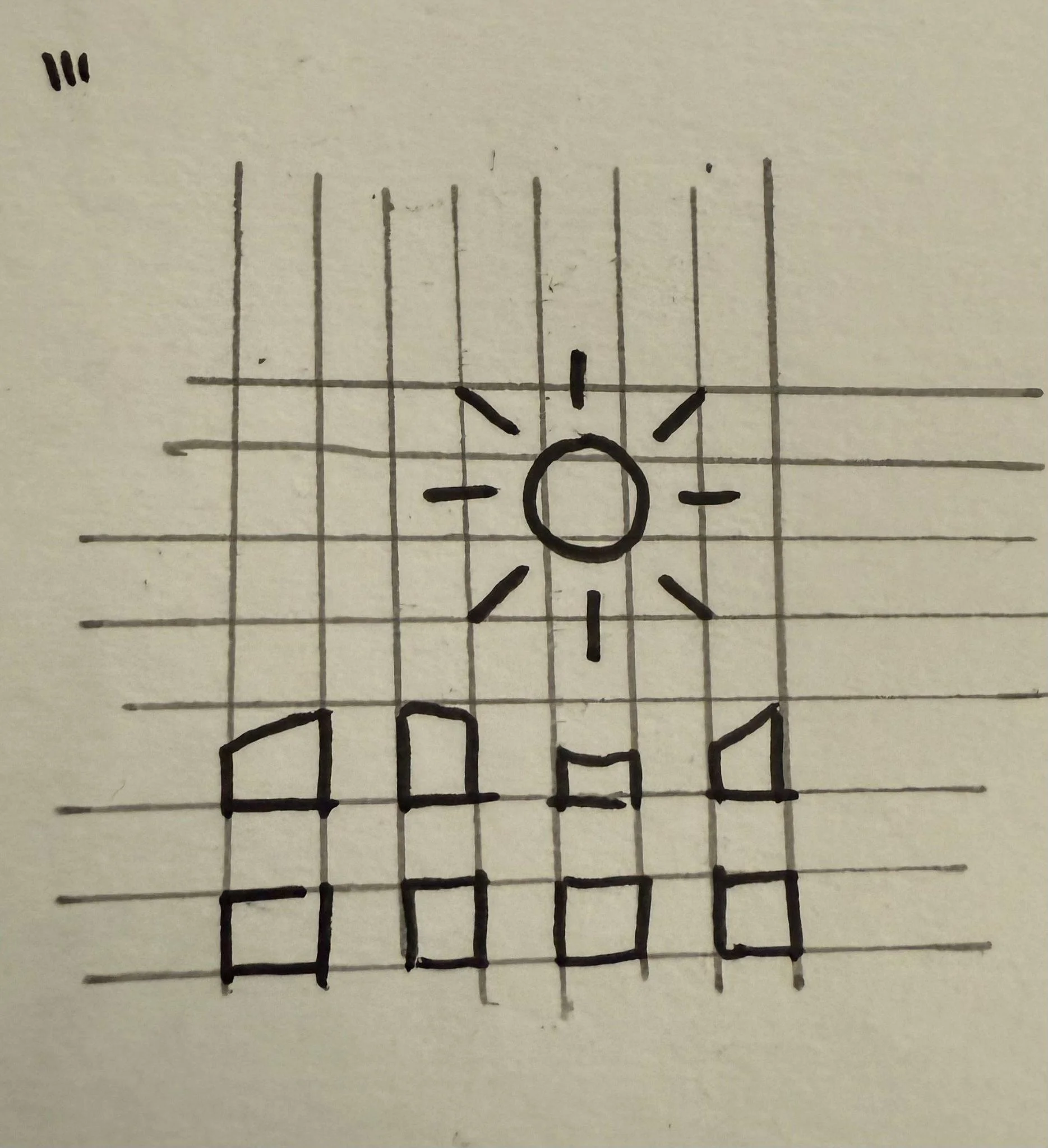 Pencil grid sketch of a sun over blocky panels