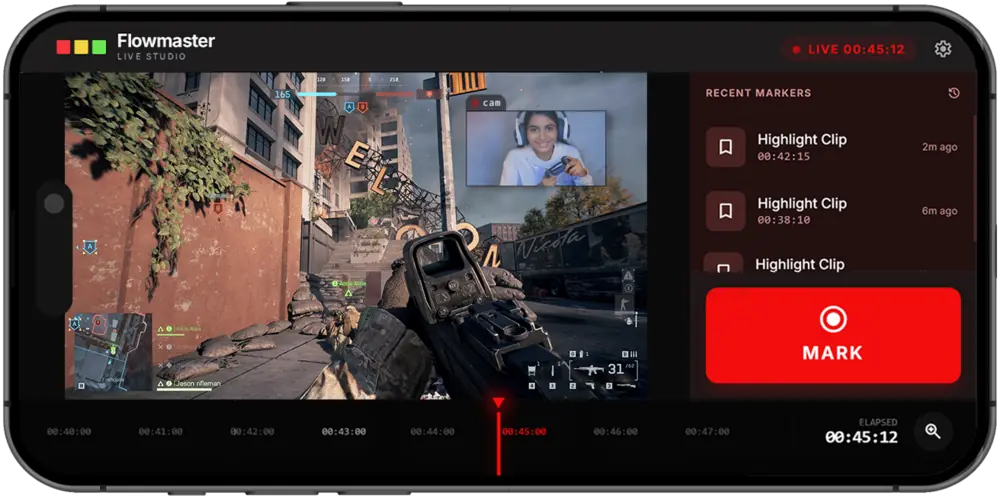 Flowmaster companion app, landscape — gameplay feed, recent markers and the MARK button