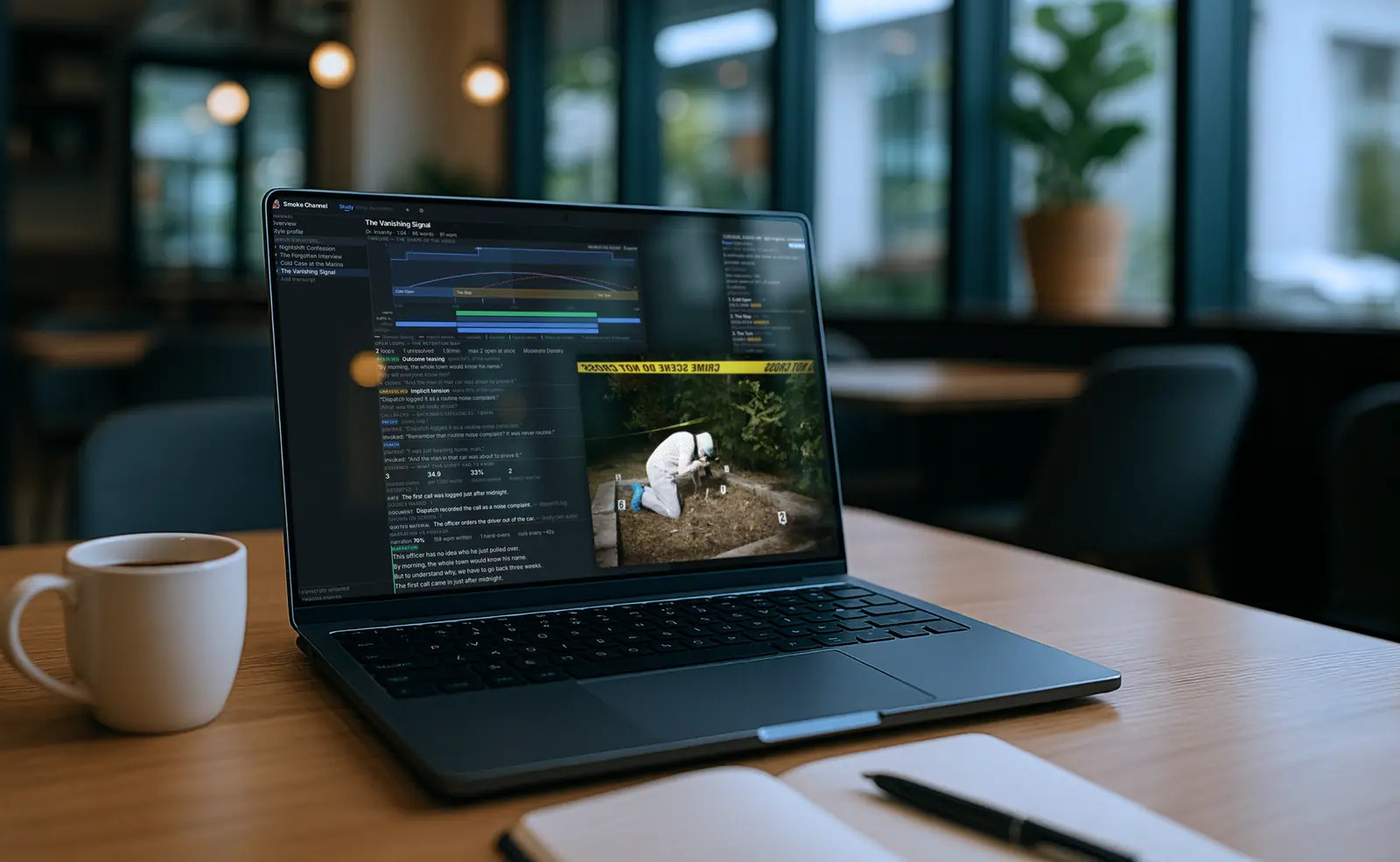 ScriptGen on a laptop — the Study report for a true-crime script: timeline, open loops and evidence, mocked up in Photoshop