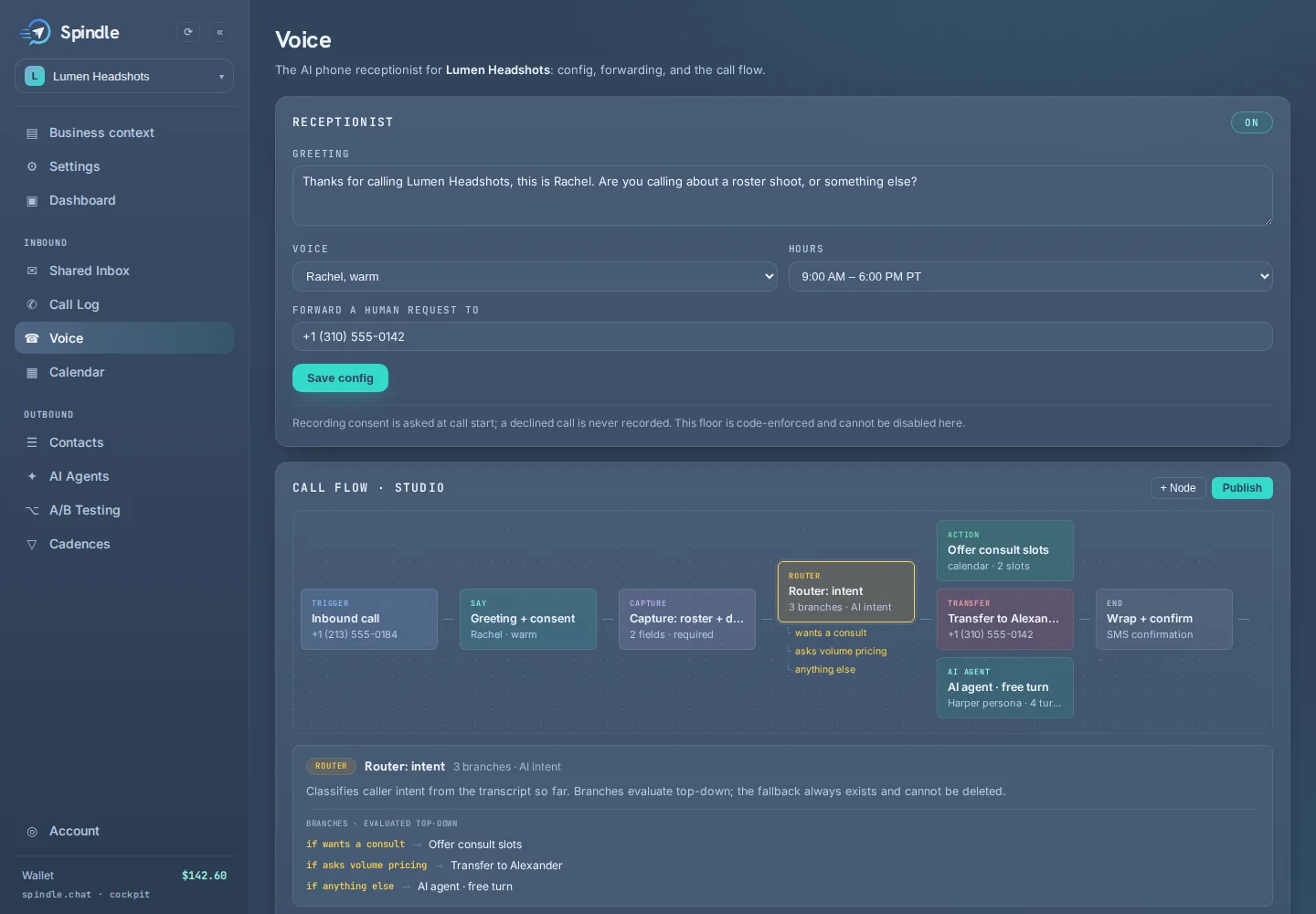 Spindle cockpit — Voice receptionist config