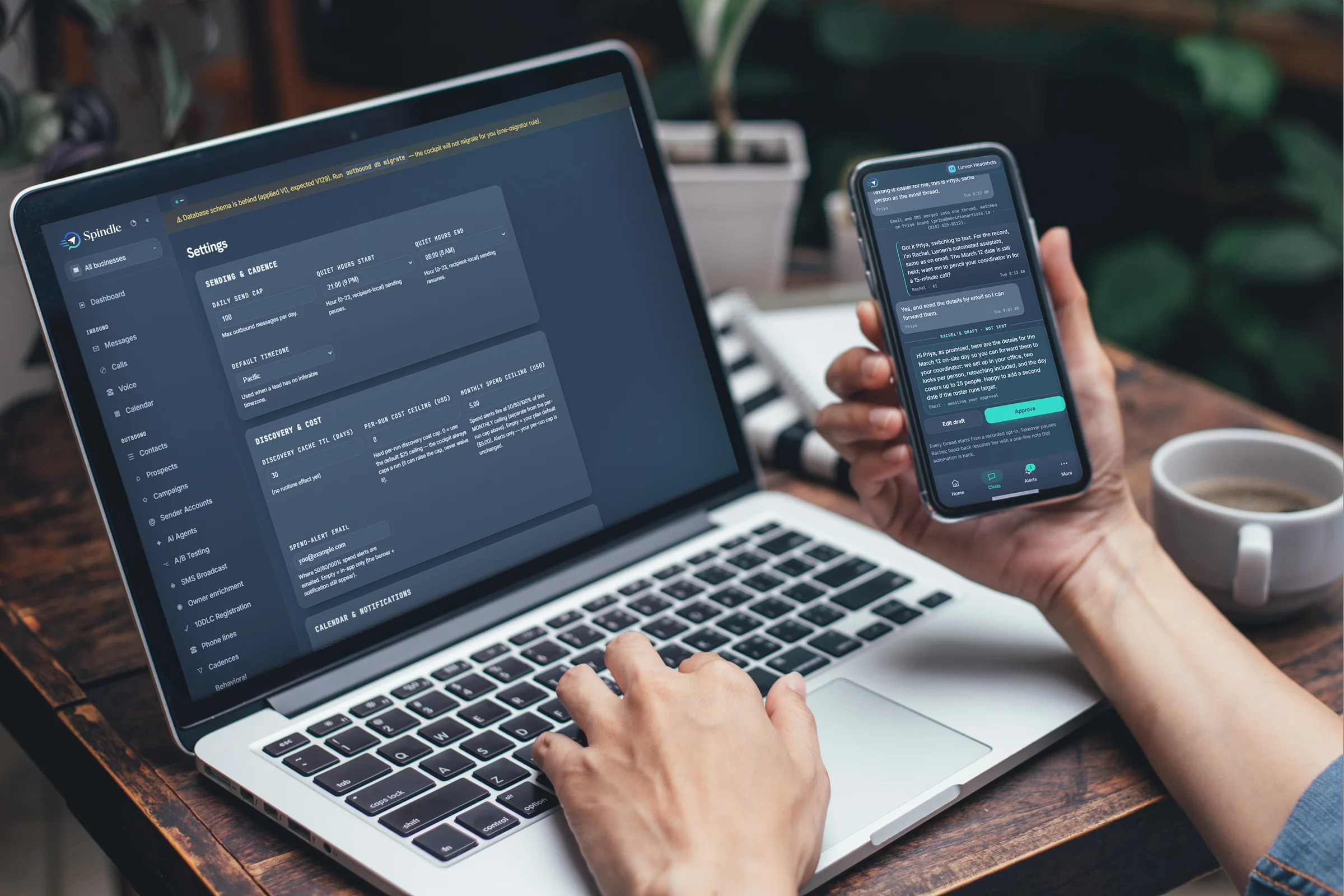 Spindle desktop settings on a laptop beside the mobile app's shared conversation and draft approval screen.